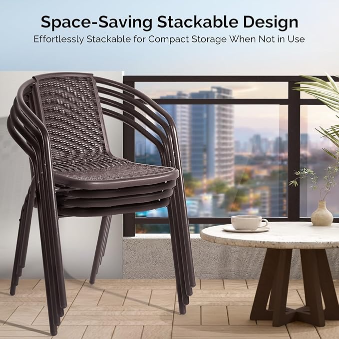 VINGLI PE Rattan Outdoor Dining Chairs Set of 1, Plastic Stackable Patio Chairs for Indoor, Porch, Restaurant, Garden, Brown - Image 4