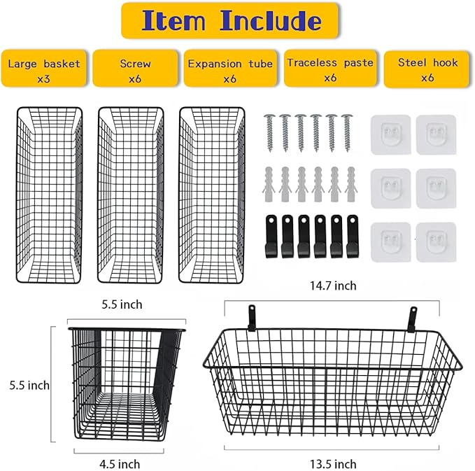 Joben Oligey 3 Set Hanging Wall Baskets, Wire Basket - Image 2