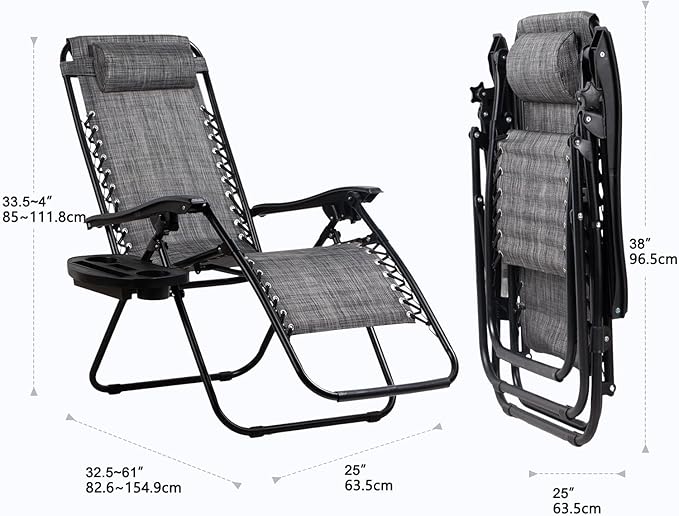 Nazhura Set of 2 Relaxing Recliners Patio Chairs Adjustable Steel Mesh Zero Gravity Lounge Chair Beach Chairs with Pillow and Cup Holder(Grey) - Image 3