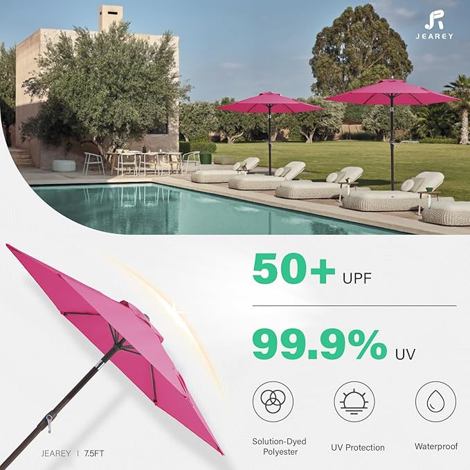 JEAREY 7.5FT Patio Umbrella Market Table Umbrella with 6 Sturdy Ribs, Push Button Tilt/Crank Outdoor Umbrella for Garden, Deck, Backyard, Pool and Beach,Rose Pink - Image 5
