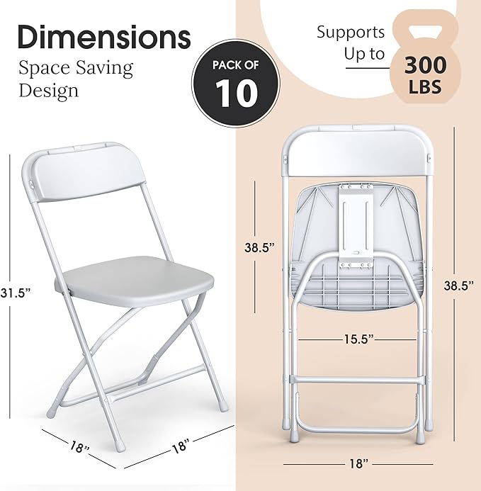 10 Pack Foldable Plastic Chair | Folding & Stackable | 350 lbs Capacity Steel Frame Seats for Indoor Outdoor | Commercial Use Events Wedding Party Bulk Picnic Kitchen Dining - White - Image 2