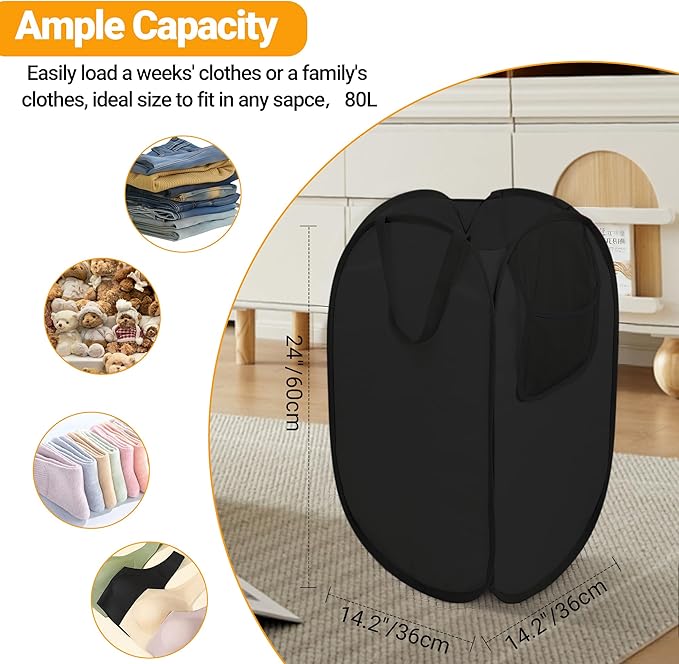 Pop Up Laundry Hamper with Side Pockets, Foldable Laundry Basket Reinforced - Image 3