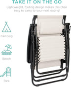 Best Choice Products Folding Zero Gravity Outdoor Recliner Patio Lounge Chair w/Adjustable Canopy Shade, Headrest, Side Accessory Tray, Textilene Mesh - Ivory - Image 8