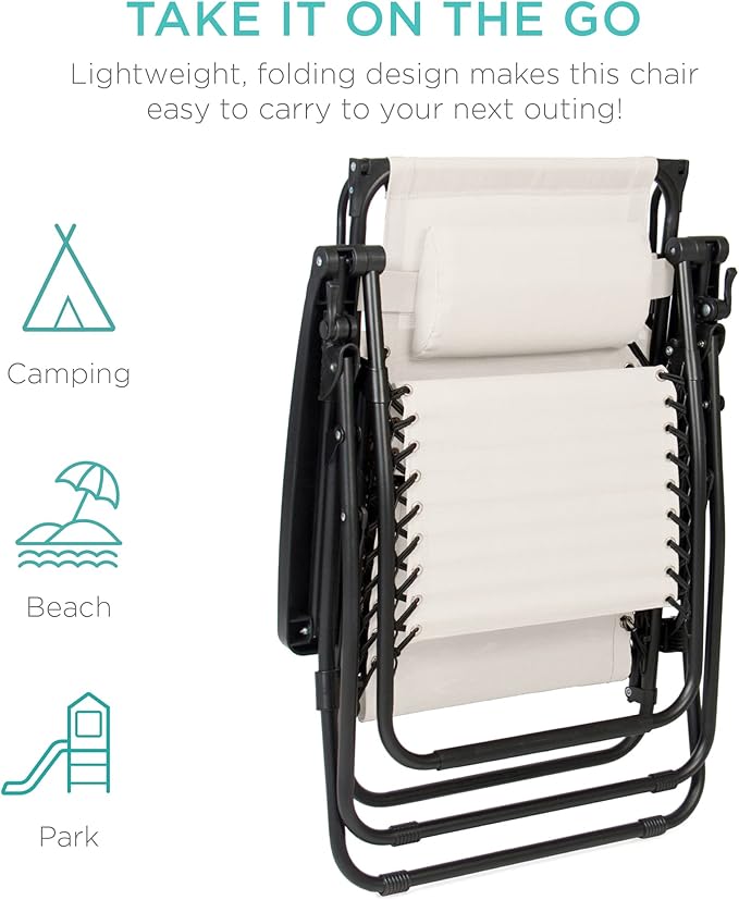 Best Choice Products Folding Zero Gravity Outdoor Recliner Patio Lounge Chair w/Adjustable Canopy Shade, Headrest, Side Accessory Tray, Textilene Mesh - Ivory - Image 8