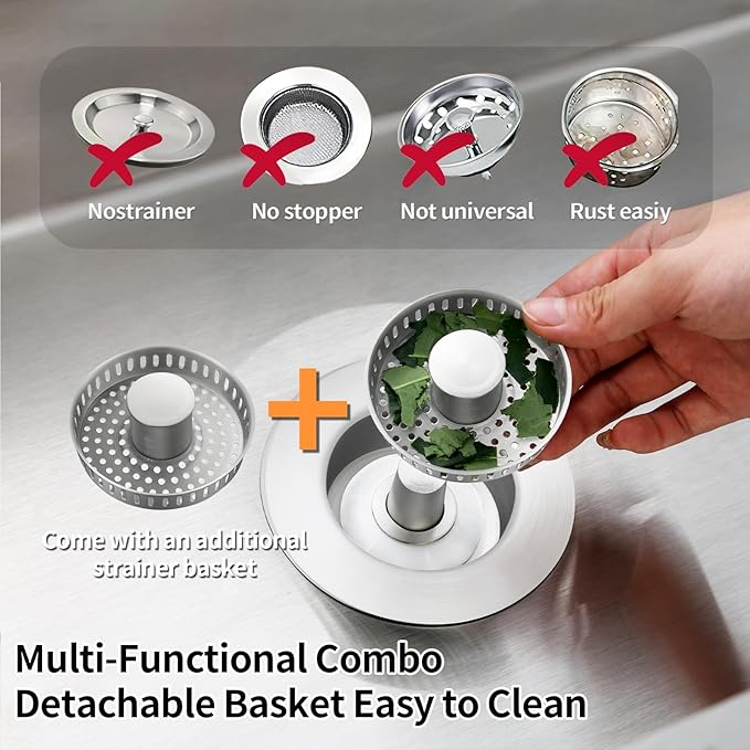 Kitchen Sink Drain Strainer, Stainless Steel 3-in-1 Pop-up Sink Stopper - Image 6