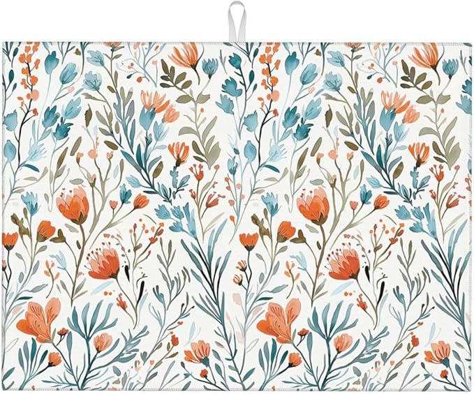 Burnt Orange Teal Floral Dish Drying Mats by Unknown