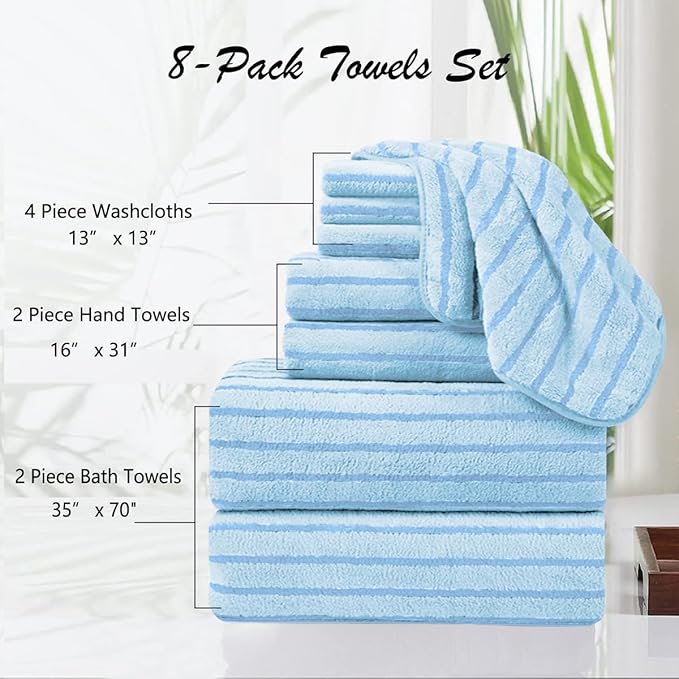 8 Pcs Blue Cabana Stripe Bath Sheet Set Oversized Bath Towel-2 Bathroom Sheets - Image 3