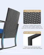 3 Piece Patio Bistro Set Patio Furniture Set Outdoor Wicker Rocking Furniture Conversation Set with Tempered Glass Coffee Table for for Front Porch Balcony and Deck (Blue Cushion) - Image 5