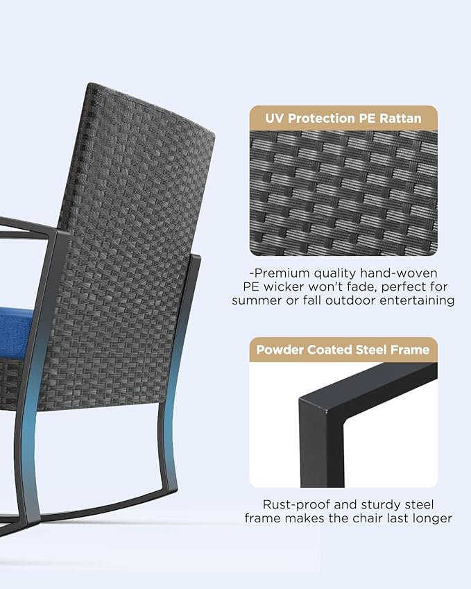 3 Piece Patio Bistro Set Patio Furniture Set Outdoor Wicker Rocking Furniture Conversation Set with Tempered Glass Coffee Table for for Front Porch Balcony and Deck (Blue Cushion) - Image 5