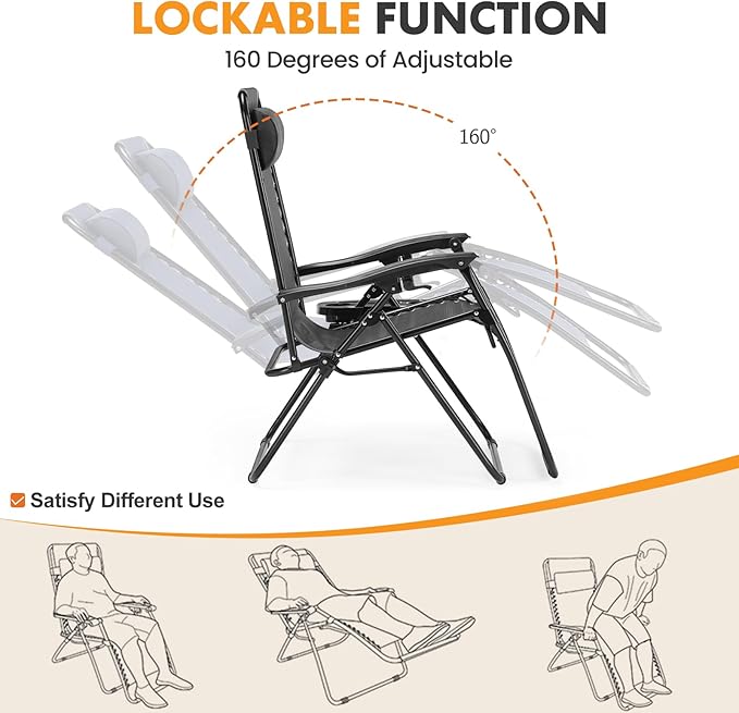 NEWBULIG Zero Gravity Chair Set of 2, Lounge Chair Folding Portable Adjustable Camping Reclining Chairs with Adjustable Pollow, Mesh Back, Cup Holder Trays Lawn Patio Chair for Pool Beach - Black - Image 7