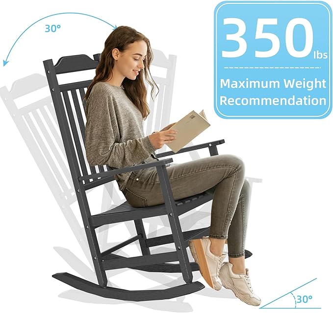 Patio Rocking Chair Outdoor Set of 2,Weather Resistant Poly Resin Oversized Porch Rocker,High Back Smooth Design,350lb Weight Capacity,Indoor Outdoor Use(2, Black) - Image 8