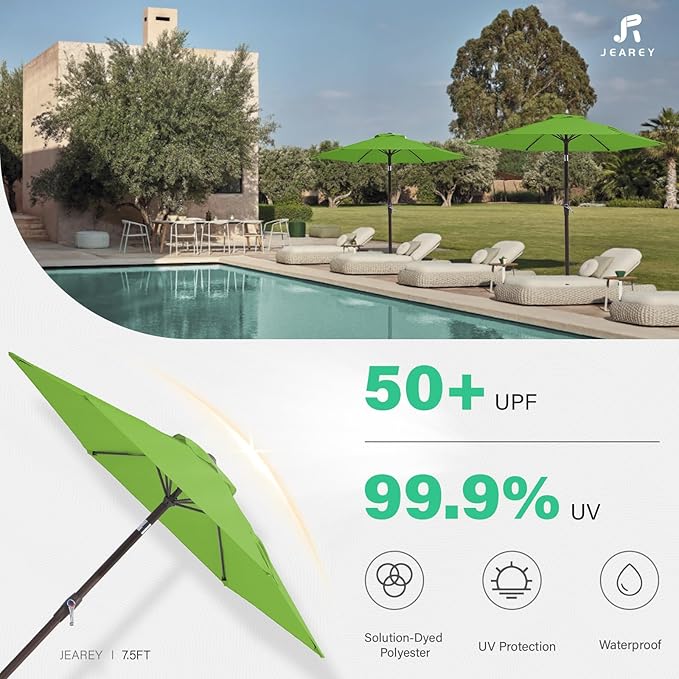 JEAREY 7.5FT Patio Umbrella Market Table Umbrella with 6 Sturdy Ribs, Push Button Tilt/Crank Outdoor Umbrella for Garden, Deck, Backyard, Pool and Beach,Grass Green - Image 5