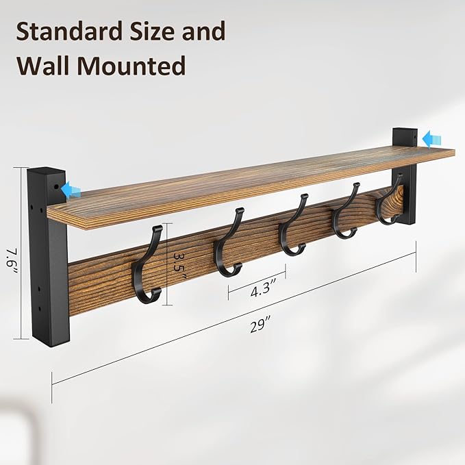 Coat Rack Wall Mount with Shelf, 29 Inch Coat Hanger Walls Mounted, Hat Rack - Image 7