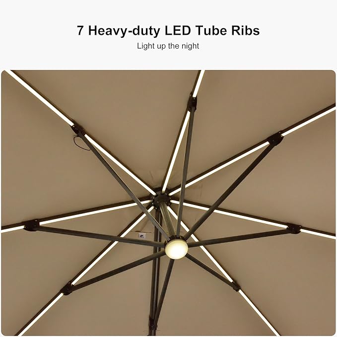PURPLE LEAF 10 Feet Patio Umbrella with Base Outdoor Cantilever Solar Powered LED Square Umbrella Aluminum Offset Umbrella with 360-degree Rotation for Garden Deck Pool Patio, Beige - Image 4