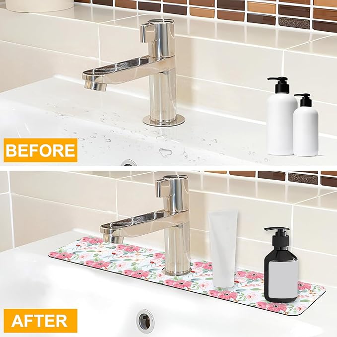 2 Pack Watercolor Floral Sink Faucet Absorbing Mat White Pink Flowers Super - Image 6