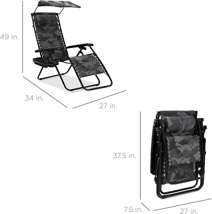 Best Choice Products Folding Zero Gravity Outdoor Recliner Patio Lounge Chair w/Adjustable Canopy Shade, Headrest, Side Accessory Tray, Textilene Mesh - Camouflage - Image 3