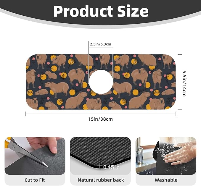 Capybara Doodle Botanical Circle Wildlife Kitchen Sink Splash Guard Faucet Mat - Image 2