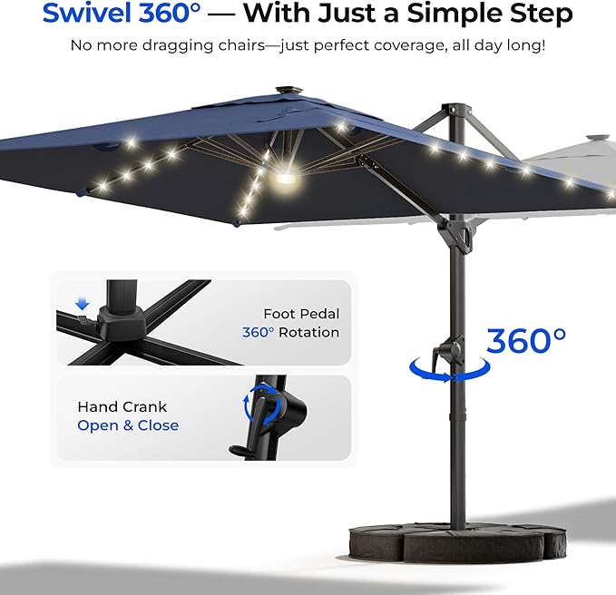 HOMSHADE 10 ft Square Cantilever Patio Umbrella with Base Included, Solar Lights Large Umbrella Outdoor Patio with 360°Rotation&Tilting, LED Lighted Offset Umbrellas w/Stand for Pool Deck - Image 5