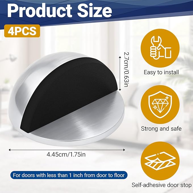 Self Adhesive Door Stoppers, Stainless Steel No Drill Rubber Floor Door Stop - Image 2
