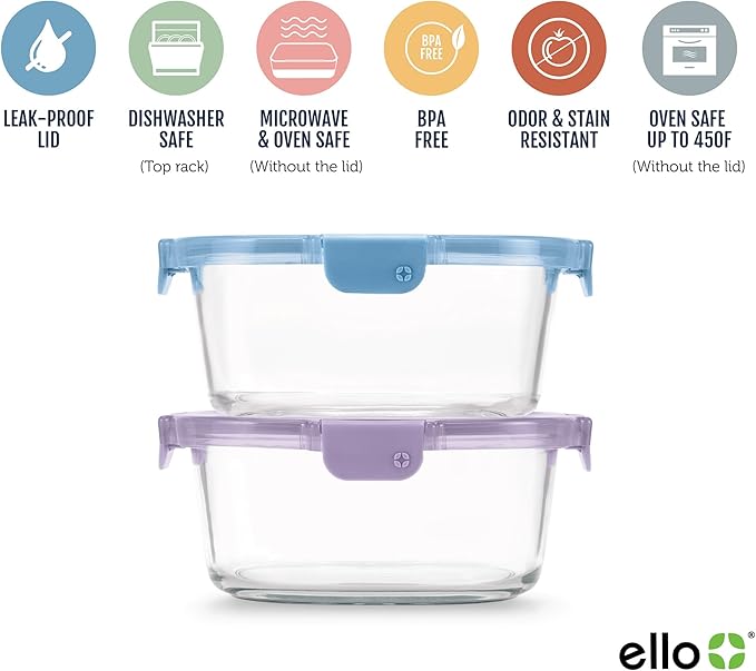 Ello Color Lock 7 Cup 4PC, 2 Pack Glass Meal Prep Sets Leak-Proof Glass Food - Image 3