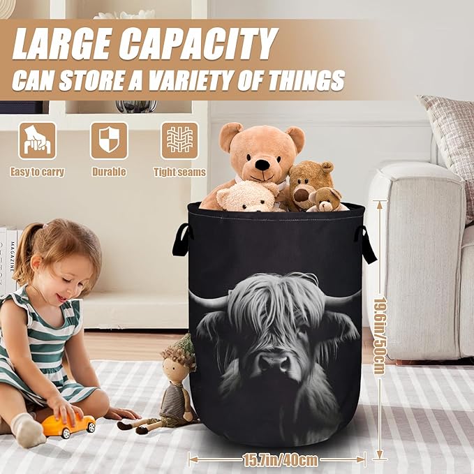 Highland Cow Laundry Basket, Foldable Waterproof Black Laundry Hamper Tote Bag - Image 2