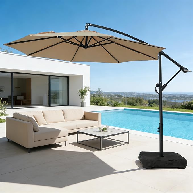 wikiwiki 10ft Patio Umbrella with Base Included, Outdoor Offset Cantilever Umbrella with Sandbag Base for Backyard, Garden and Pool, Easy to Tilt and Crank, Tan - Image 9