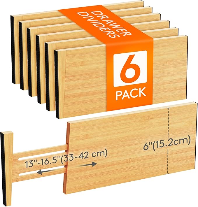 Lifewit 6" High 6 Pack Bamboo Drawer Dividers 33-42cm/13-16.5" Adjustable by Lifewit