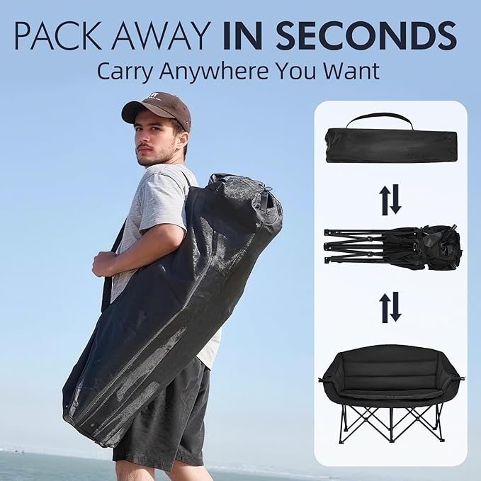 Double Camping Chair Padded Loveseat Chair for 2 Person - Heavy Duty Oversized Camping Couch for Adults Outdoor Sports Lawn Beach Portable Folding XL Chairs with Cup Holders and Carry Bag, All Black - Image 6