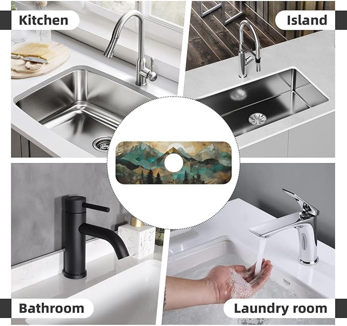 Kitchen Sink Splash Guard Faucet Mat Mountains Trees Landscape Sunrise 15"x5.5" - Image 8