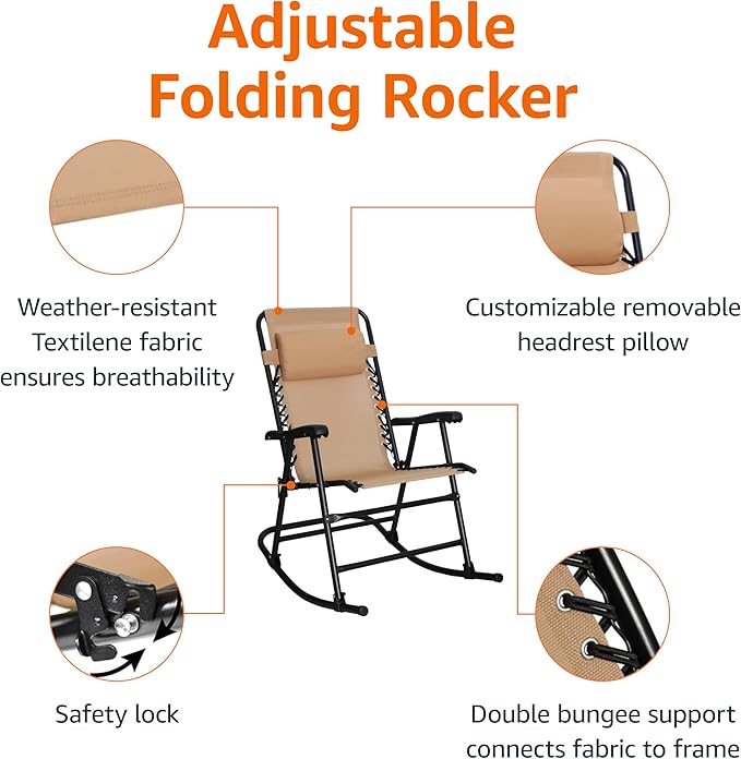 Amazon Basics Outdoor Portable Folding Rocking Chair with Headrest, Ergonomic Design, Weather-resistant Patio Reclining Lounge Chair for Porch, 33.6 x 37.4 x 26 inch, Beige - Image 5