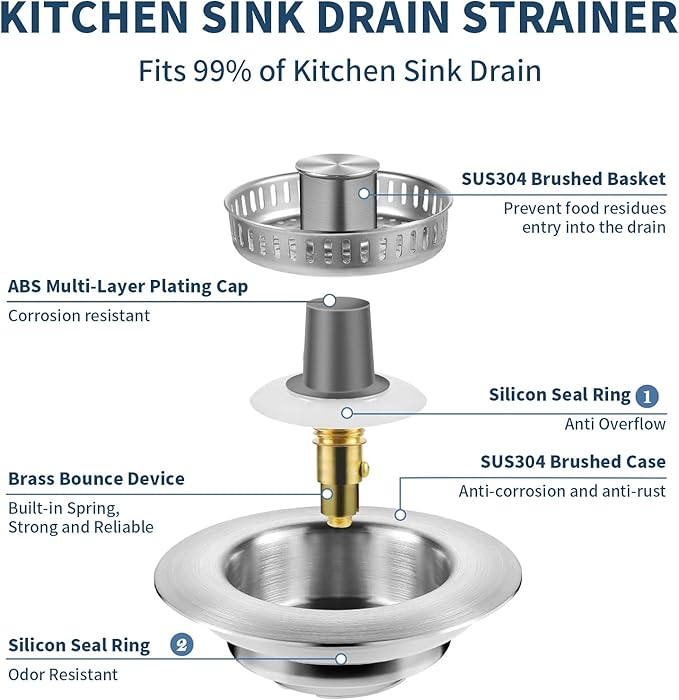 3-in-1 Kitchen Sink Drain Strainer Stopper – 304 Stainless Steel Pop Up Sink - Image 3