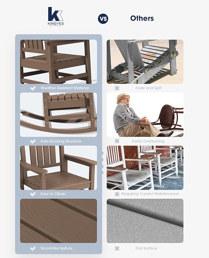 KINGYES HDPE Outdoor Rocking Chair Set of 4, Widened Seat Patio Rocking Chair, Oversized All Weather Patio Rocker, Brown - Image 6