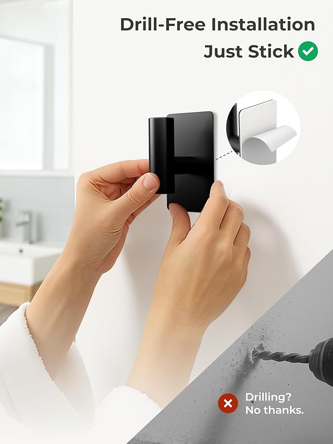 Towel Hooks for Bathrooms – 2 Pack, Matte Black Finish, T-Shaped Stainless - Image 3