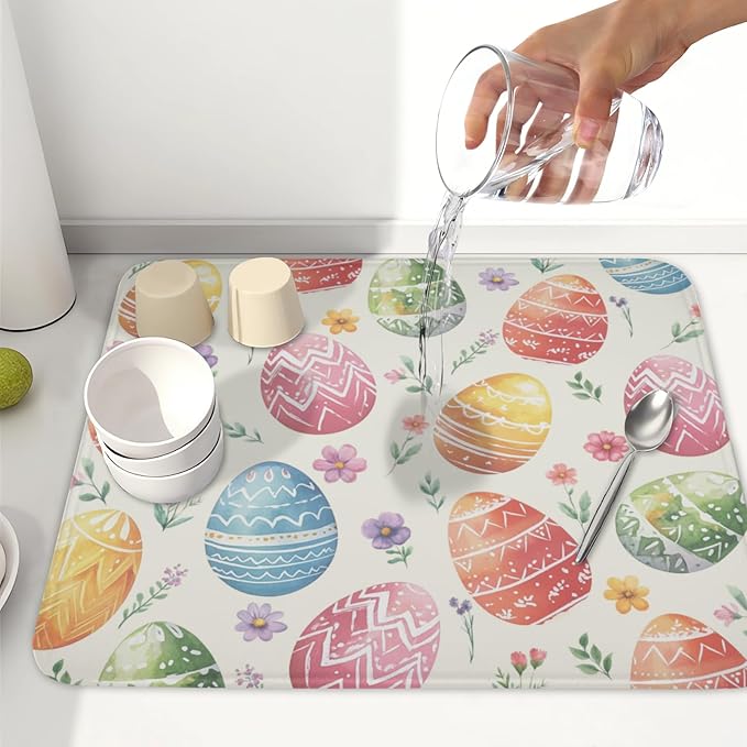 Easter Dish Drying Mat for Kitchen Counter Colorful Easter Eggs Floral Pattern - Image 6