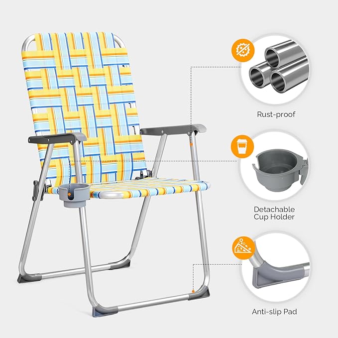 VINGLI Aluminum Patio Lawn Chairs Folding Set of 2 with Detachable Cup Holder, Webbed Beach Chair Folding Chair Outdoor Portable Camping Chair for Yard, Garden - Image 4