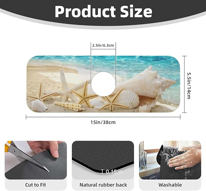 Summer Beach Starfish Sea Shell Blue Sky Sun Kitchen Sink Splash Guard Faucet - Image 2