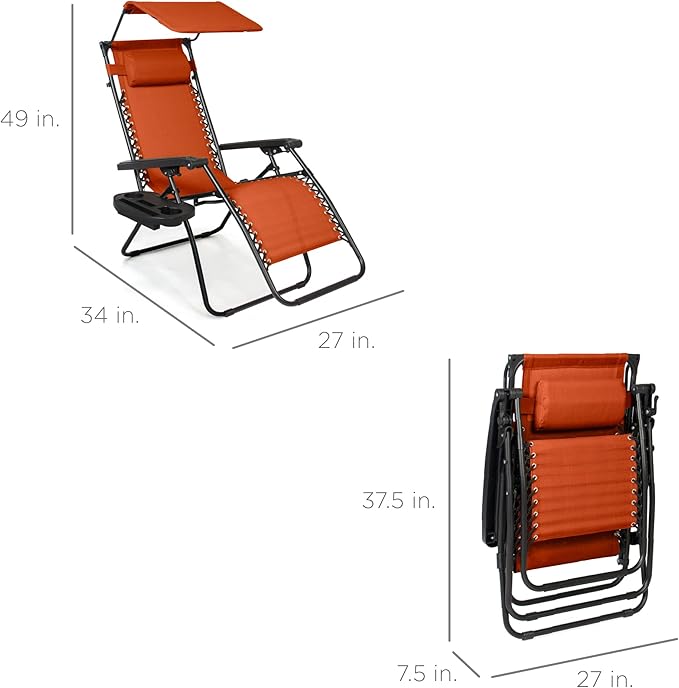 Best Choice Products Folding Zero Gravity Outdoor Recliner Patio Lounge Chair w/Adjustable Canopy Shade, Headrest, Side Accessory Tray, Textilene Mesh - Burnt Orange - Image 3