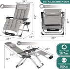 UDPATIO Oversized Zero Gravity Chair 33In XXL Patio Reclining Chair with Cushion, Outdoor Folding Recliner with Pillows, Cup Holder, Foot Rest & Padded Headrest, Support 500LB (2, Light Grey-XL) - Image 3