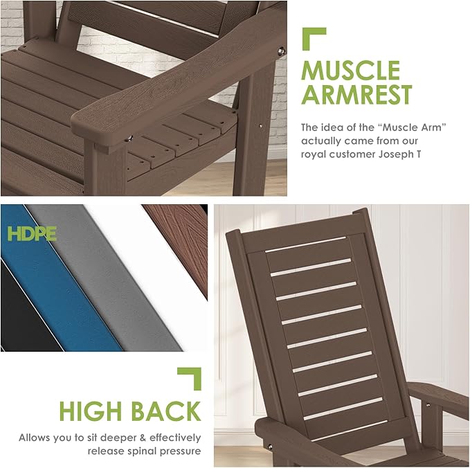 GREENVINES Outdoor Rocking Chairs | Set of 4 | Porch Rocker | HDPE Plastic | Wood Grain | Oversized Rockers | High Back | Big & Tall | Ladder Back | Dark Brown | for Patio Outside - Image 7