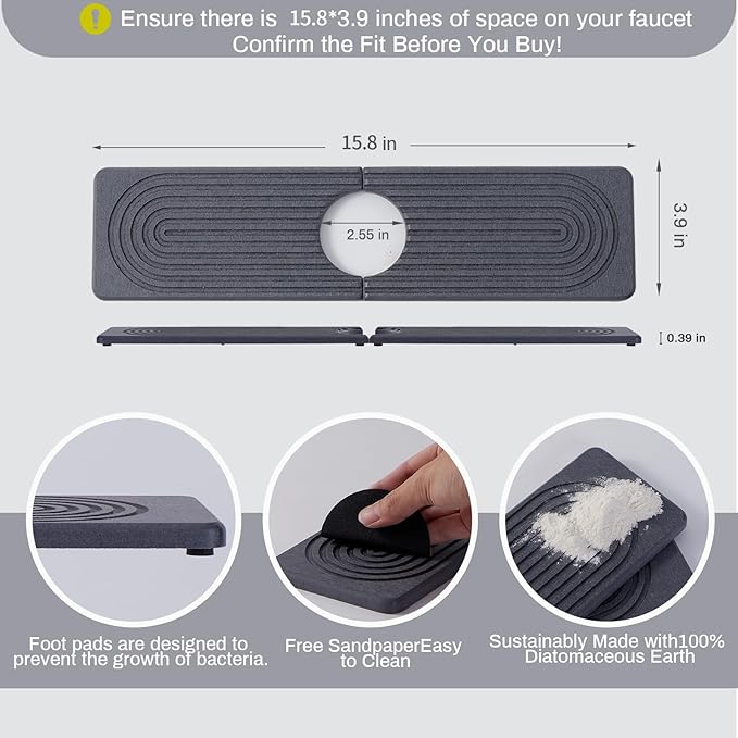 Stone Faucet Mat for Kitchen Sink，Super Absorbent Diatomite Fast Drying Stone - Image 2