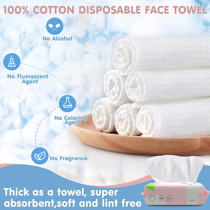 Disposable Face Towel Dry Wipes, 100% Cotton Facial Tissue, Lint Free Facial - Image 2
