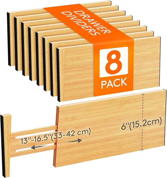 Lifewit 6" High 8 Pack Bamboo Drawer Dividers 33-42cm/13-16.5" Adjustable by Lifewit