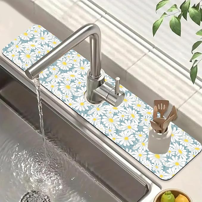 White Flower Sink Faucet Absorbing Mat Cute Chamomile Super Absorbent Fast by Unknown