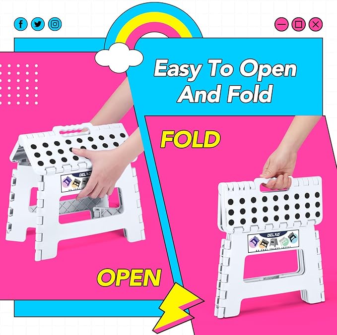 Delxo 9 Inch Folding Step Stool,White Step Stools for Kids Foldable,Portable Collapsible Step Stool with Handle, Folding Stool for Kitchen Bathroom,Bedroom,Garden - Image 4