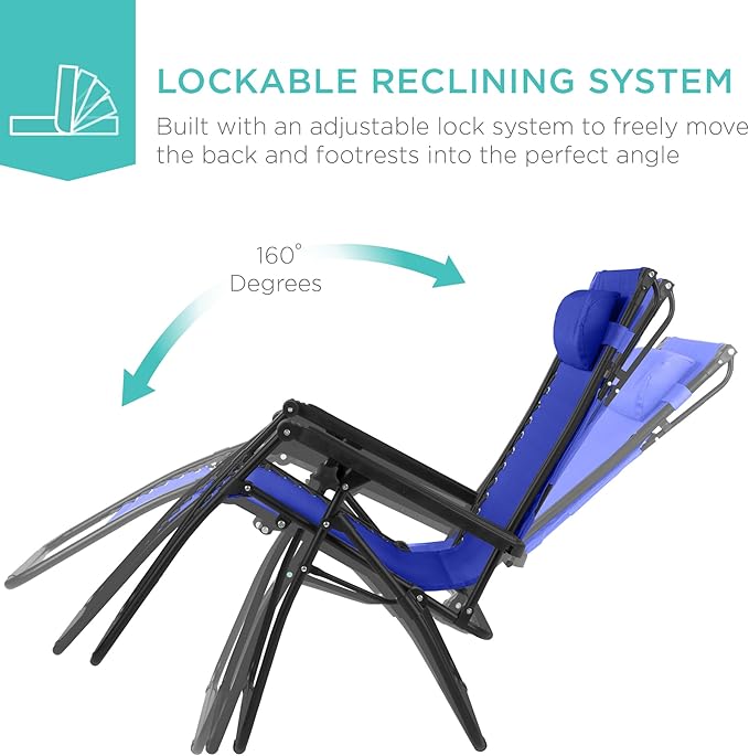 Best Choice Products 30” Wide Folding Zero Gravity Outdoor Recliner Patio Lounge Chair w/Adjustable Canopy Shade, Headrest, Side Accessory Tray - Cobalt Blue - Image 6