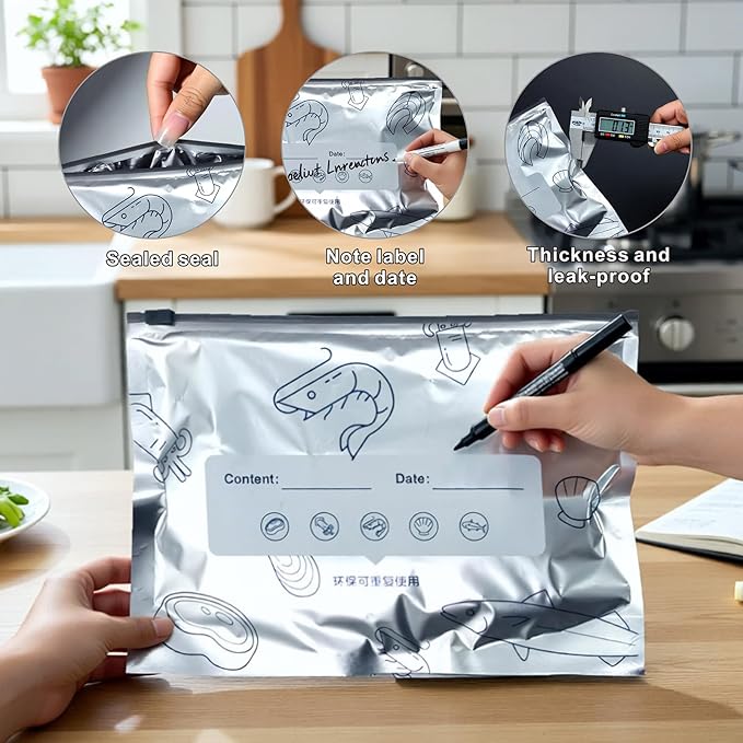40PCS Reusable Aluminum Foil Freezer Bags, Sealable Stand-Up Zipper Storage Bags - Image 2