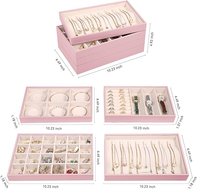 LANDICI Stackable Jewelry Organizer Trays 4 Set, PU Leather Jewelry Organizer - Image 5
