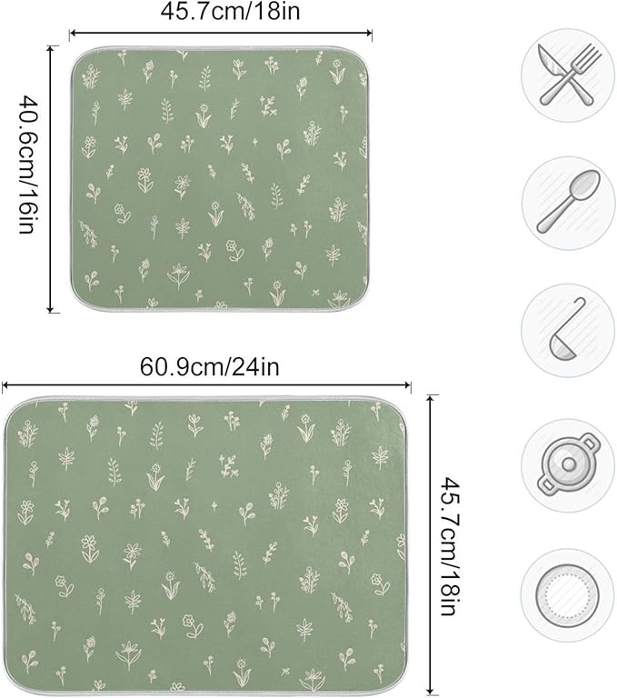 Sage Green Dish Drying Mat Quick Absorbent 16x18 Doodled Botany Flowers Leaves - Image 3