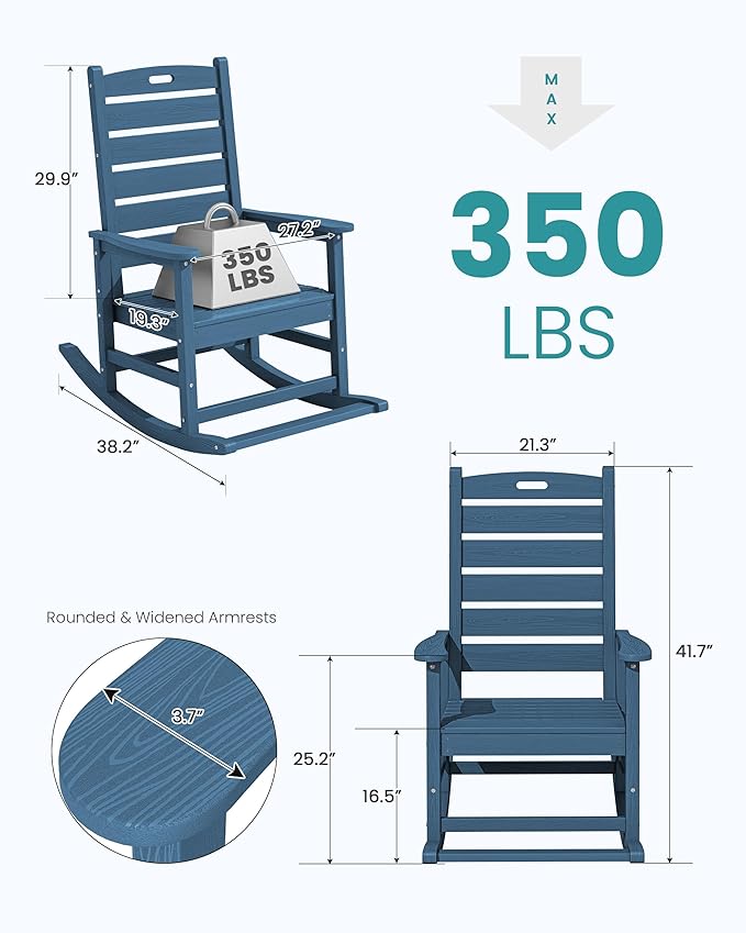 SERWALL Outdoor Rocking Chair Set of 2, Oversized Rocking Chair with Footboard for Adults, HDPE All Weather Resistant Rocking Chairs for Patio, 350lbs Weight Capacity, Navy - Image 3