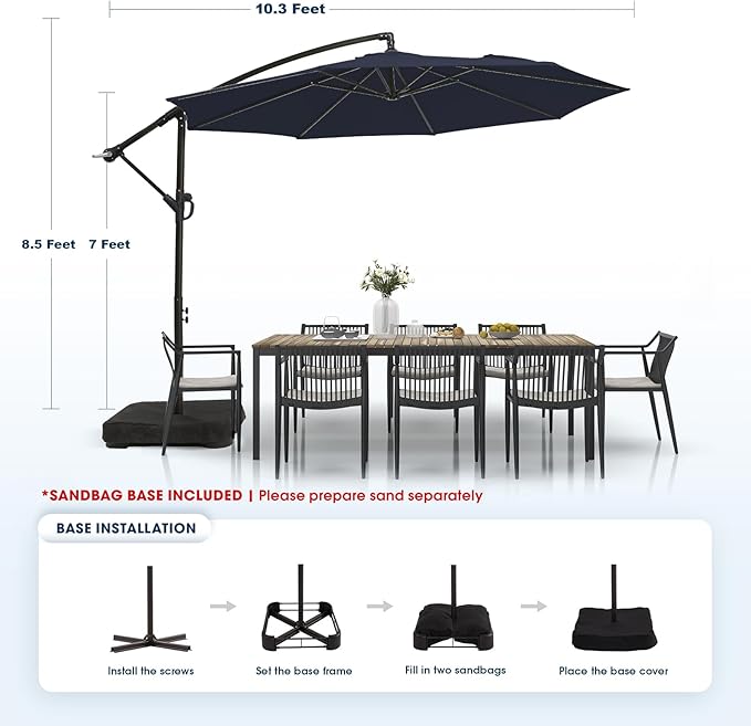 wikiwiki 10ft Patio Umbrella with Base Included, Outdoor Offset Cantilever Umbrella with Sandbag Base for Backyard, Garden and Pool, Easy to Tilt and Crank, Navy Blue - Image 6